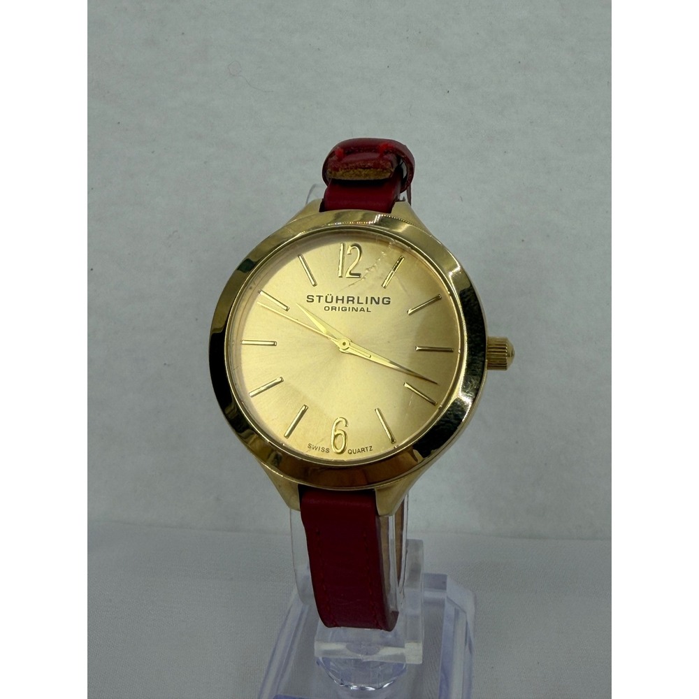 Stuhrling Original Swiss Quartz Watch Gold Tone Red Leather Strap 50M Water Res